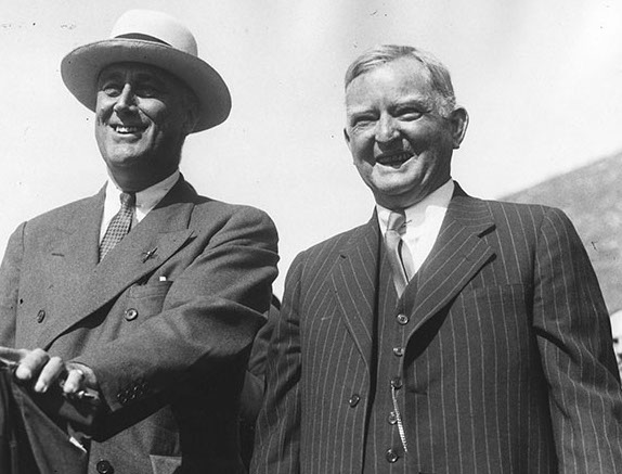 Franklin Delano Roosevelt (to the left) and his vice president John Garner (to the Right) standing side by side